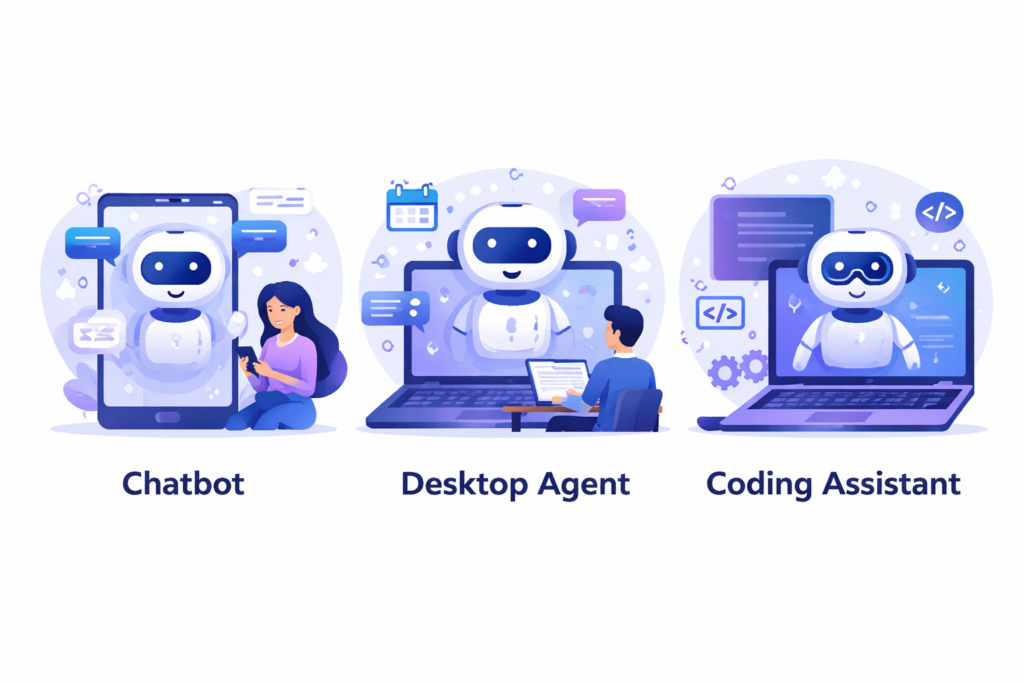 Três tipos de agentes IA: Chatbot, desktop e criador de códigos